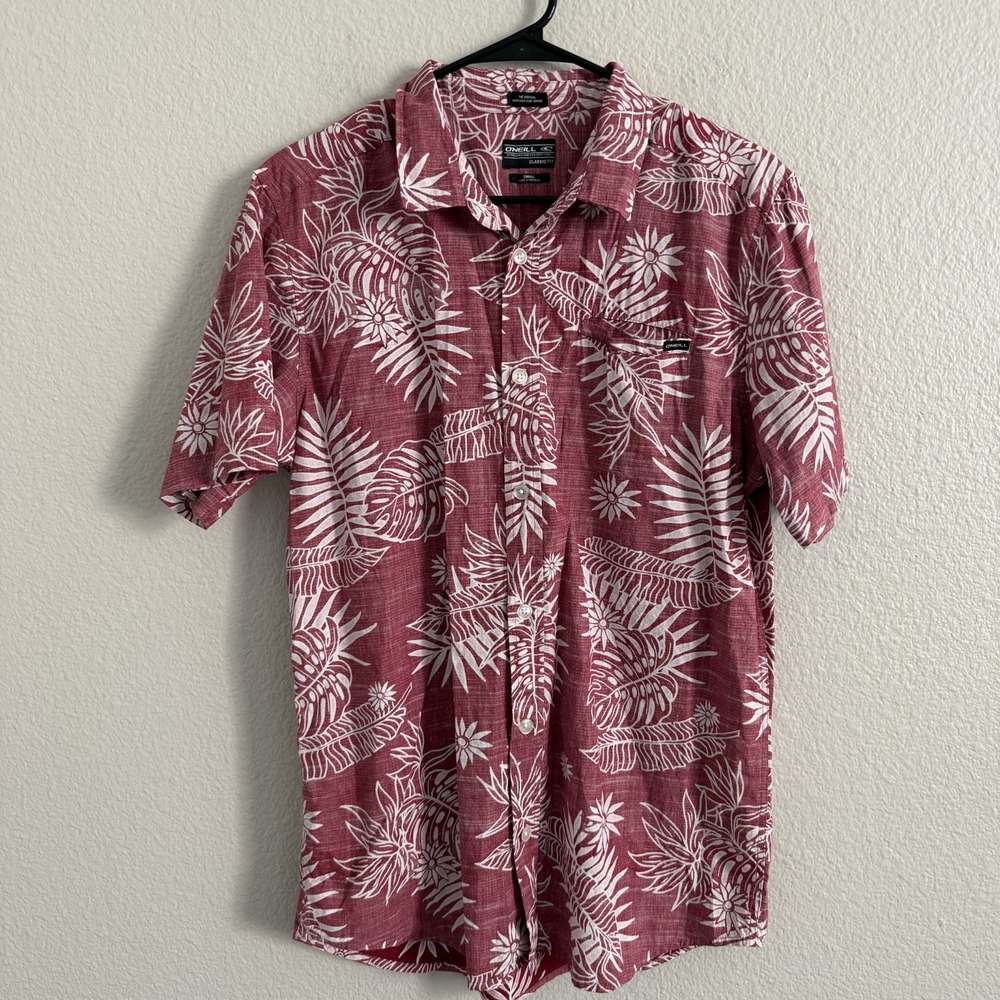 O'Neill Mens Reverse Print Hawaiian Aloha Shirt Vacation Casual Red Surf Beach